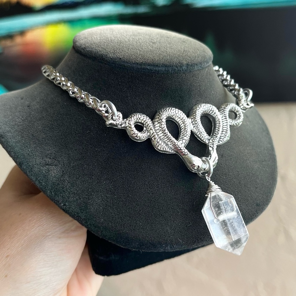 Natural Crystal quartz & snake charm stainless steel chain necklace goth celtic. - Picture 7 of 10